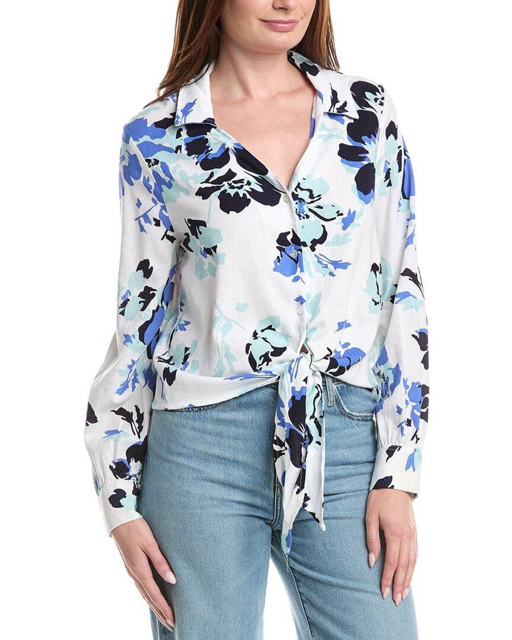 Ellen Tracy Blue Tie Front Linen-Blend Shirt