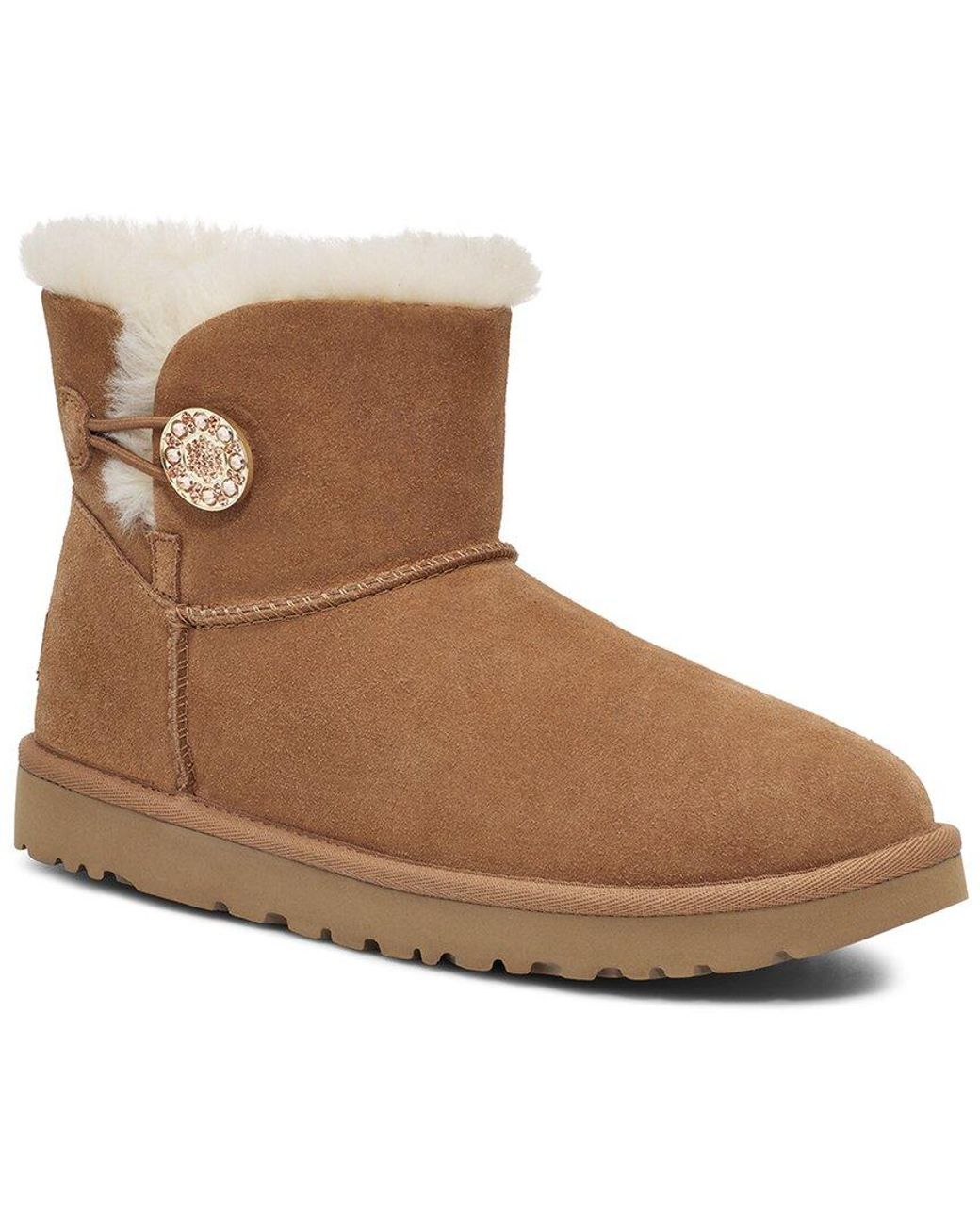 UGG Mini Bailey Button Crystals Suede & Leather Classic Boot in Brown | Lyst