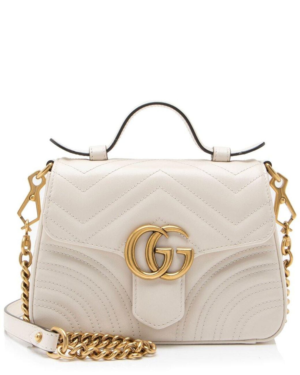 Gucci Natural Matelasse Leather Gg Marmont Mini Top Handle Bag (Authentic Pre- Loved)