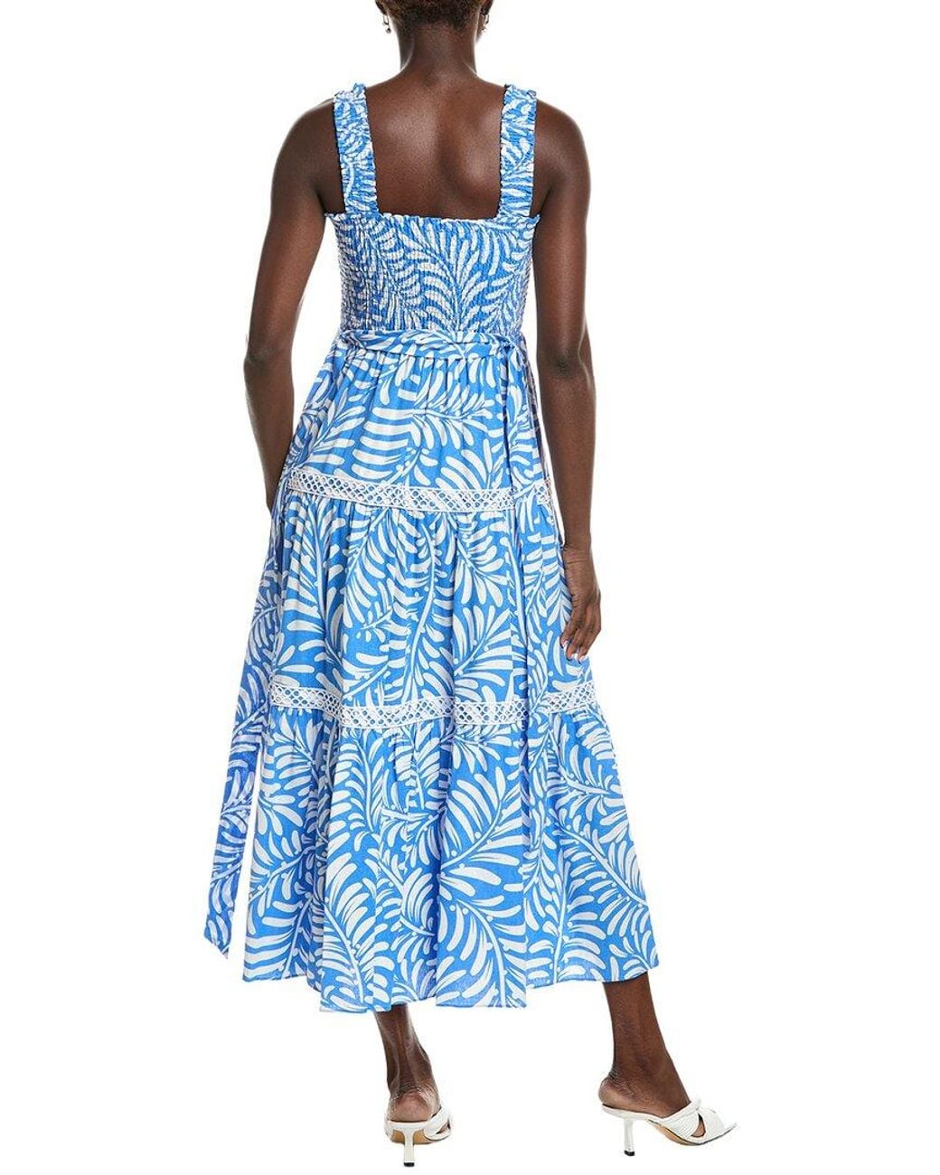 Anne Klein Blue Smocked Linen-Blend Patio Dress
