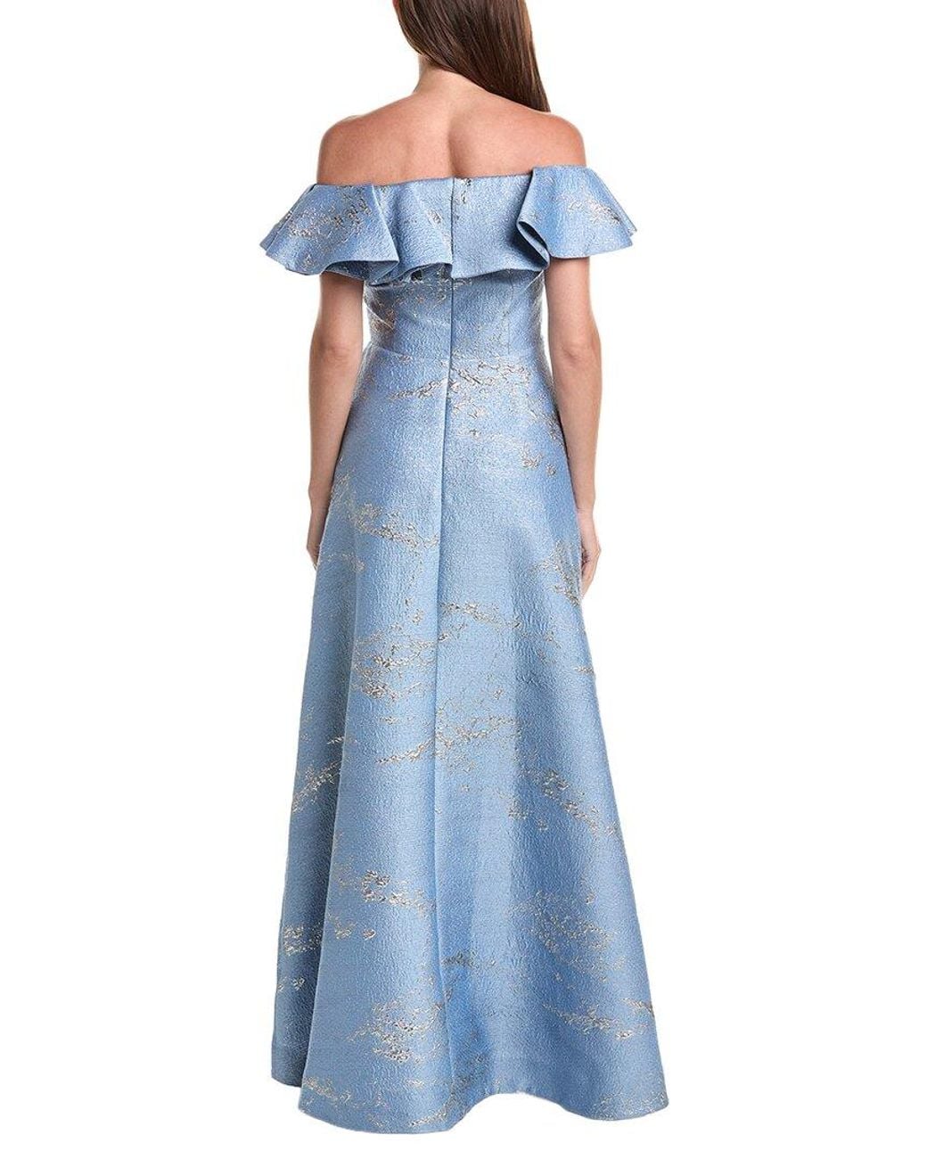 Teri Jon Blue Jacquard Ruffle Off-Shoulder Dress