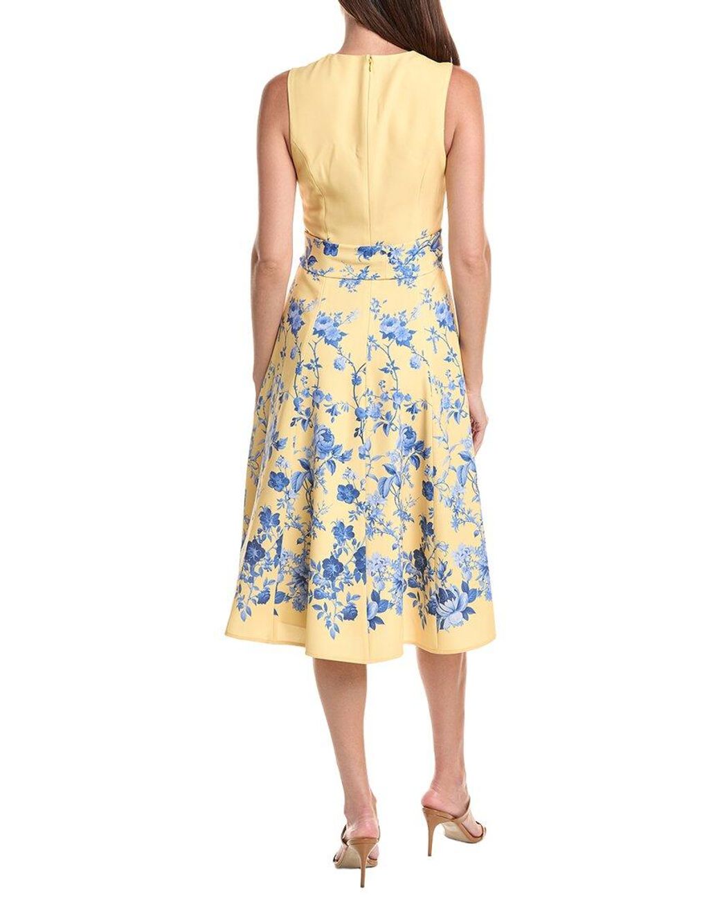 Teri Jon Yellow Crepe Floral Border Print Belted Dress