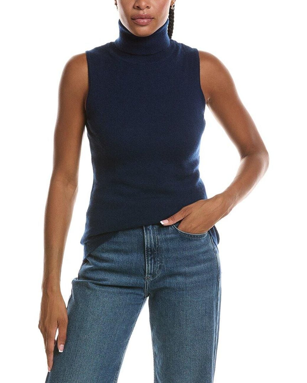 Forte Blue Basic Sleeveless Turtleneck 100% Cashmere Sweater