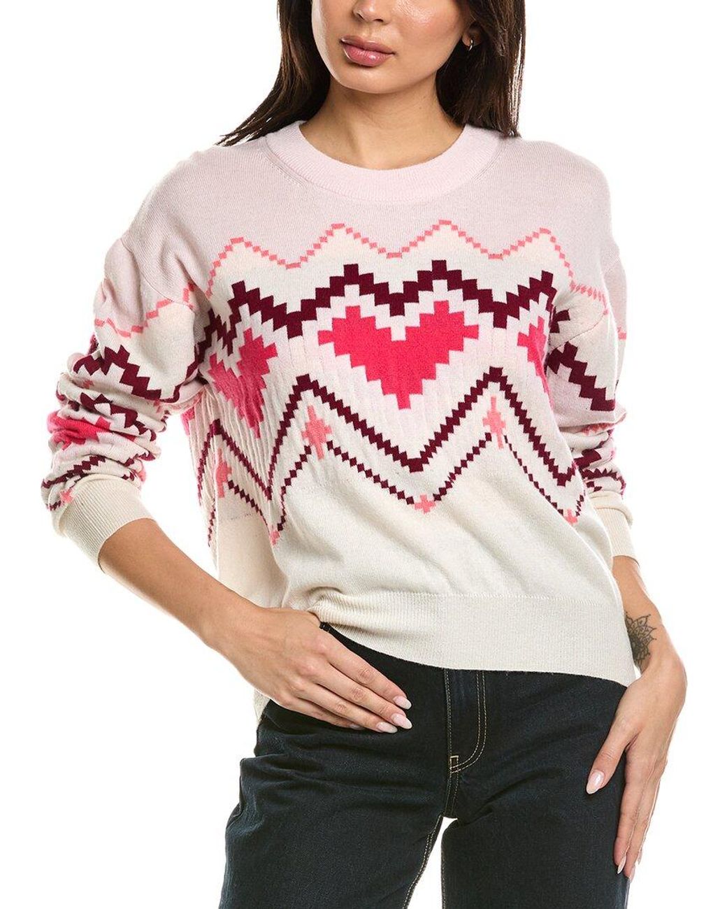 Brodie Cashmere Pink Heart Pixel Crewneck Wool & Cashmere-Blend Sweater