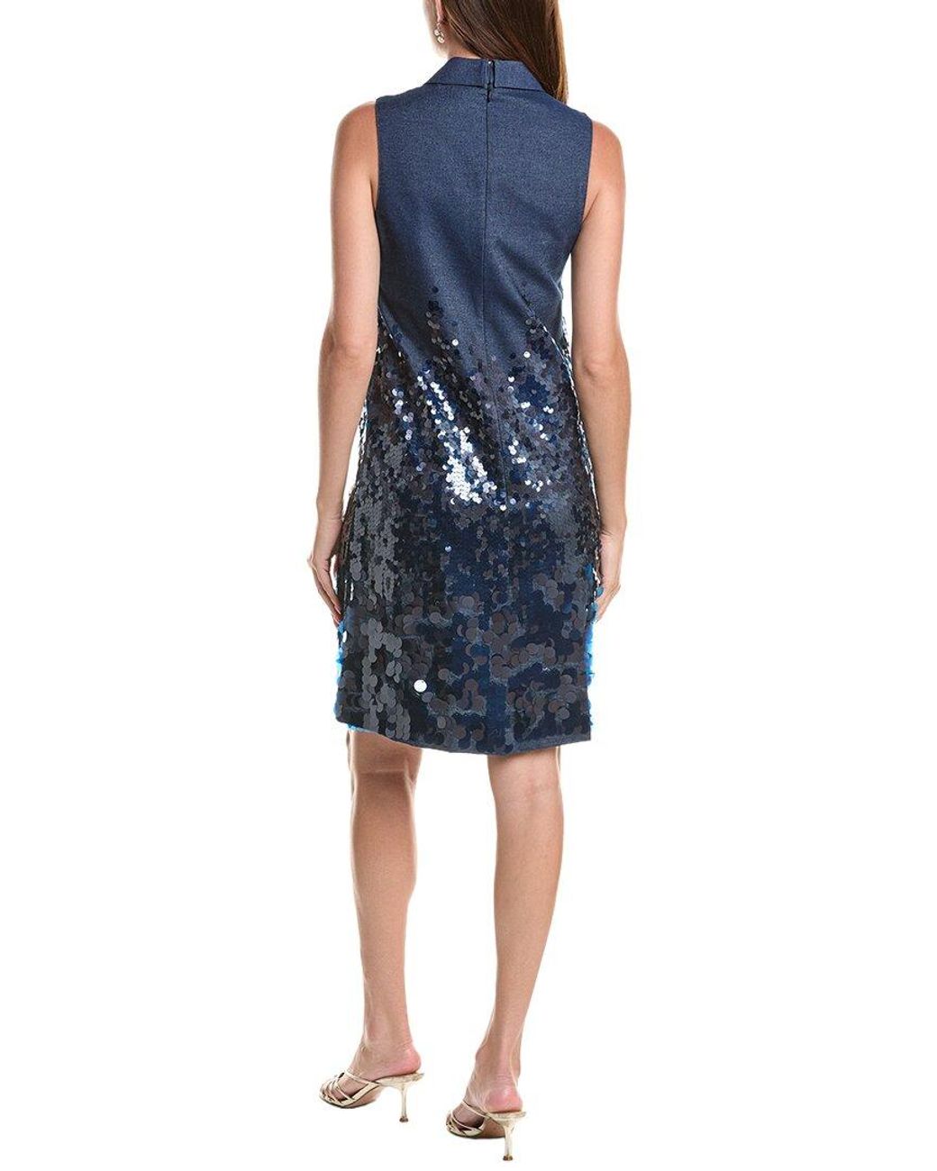 Teri Jon Blue Denim Paillette Trim Shift Shirtdress