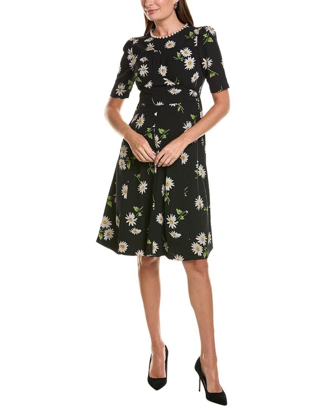 Teri Jon Black Crepe Daisy Print Pearl-Trim A-Line Dress
