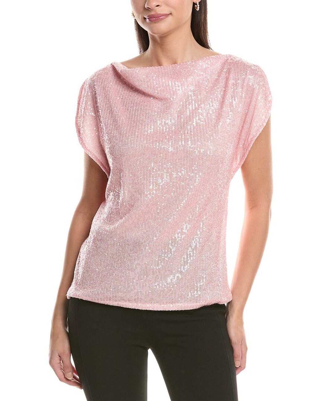 Anne Klein Pink Split Shoulder Drape Sequin Blouse