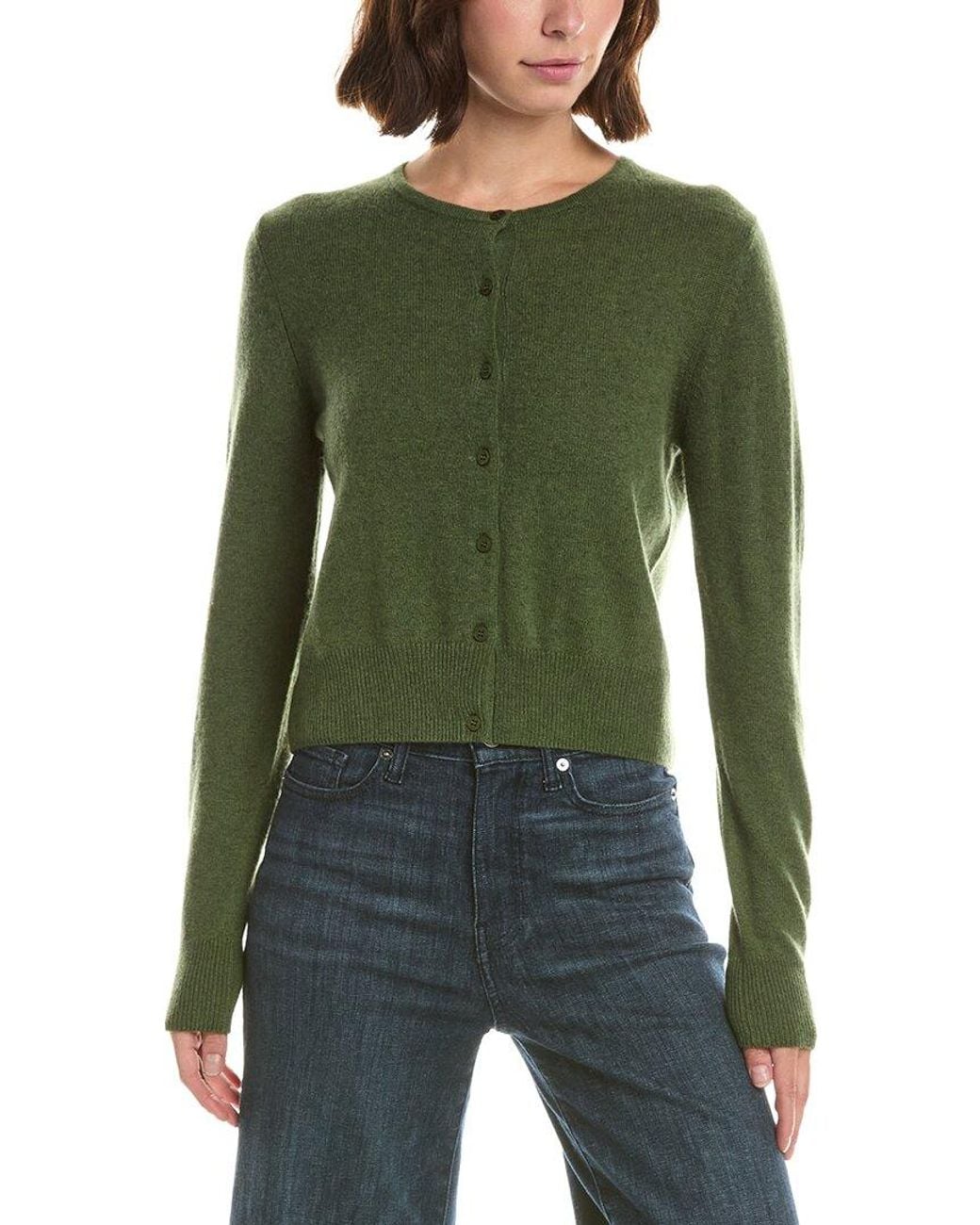 Forte Green Basic Cropped Button 100% Cashmere Cardigan