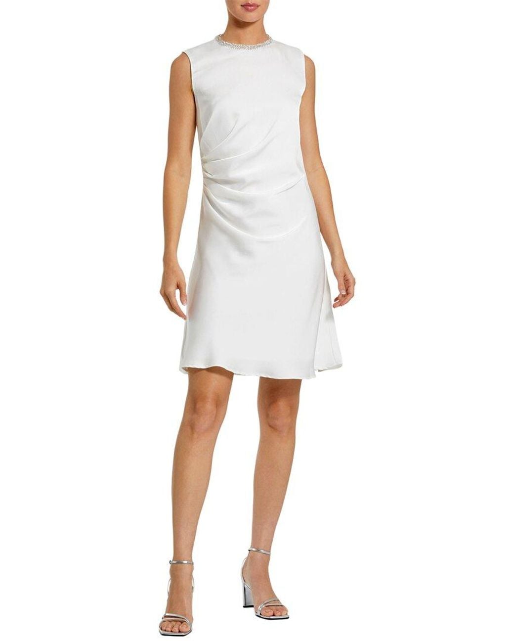 Mac Duggal White Rhinestone Neckline Draped Mini Dress