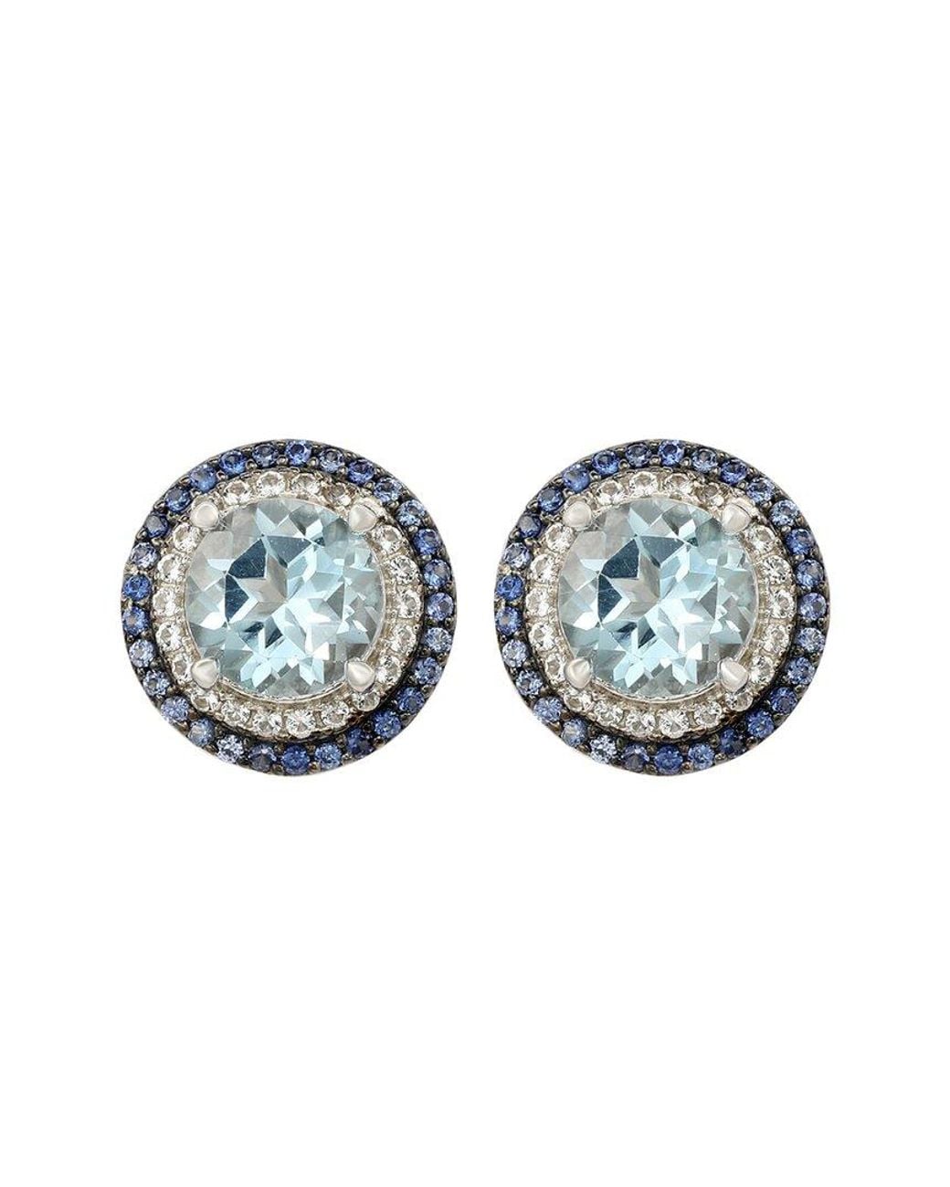 Suzy Levian Blue Silver 0.02 Ct. Tw. Diamond & Gemstone Double Halo Studs