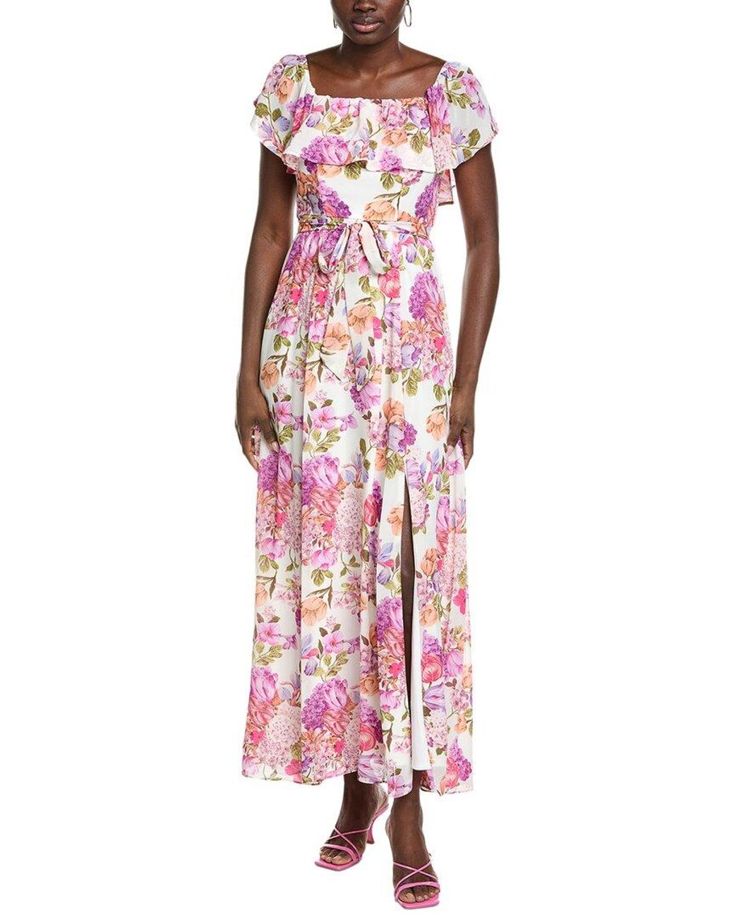 Maison Tara Red Printed Chiffon Crepe Short Sleeve Maxi Dress