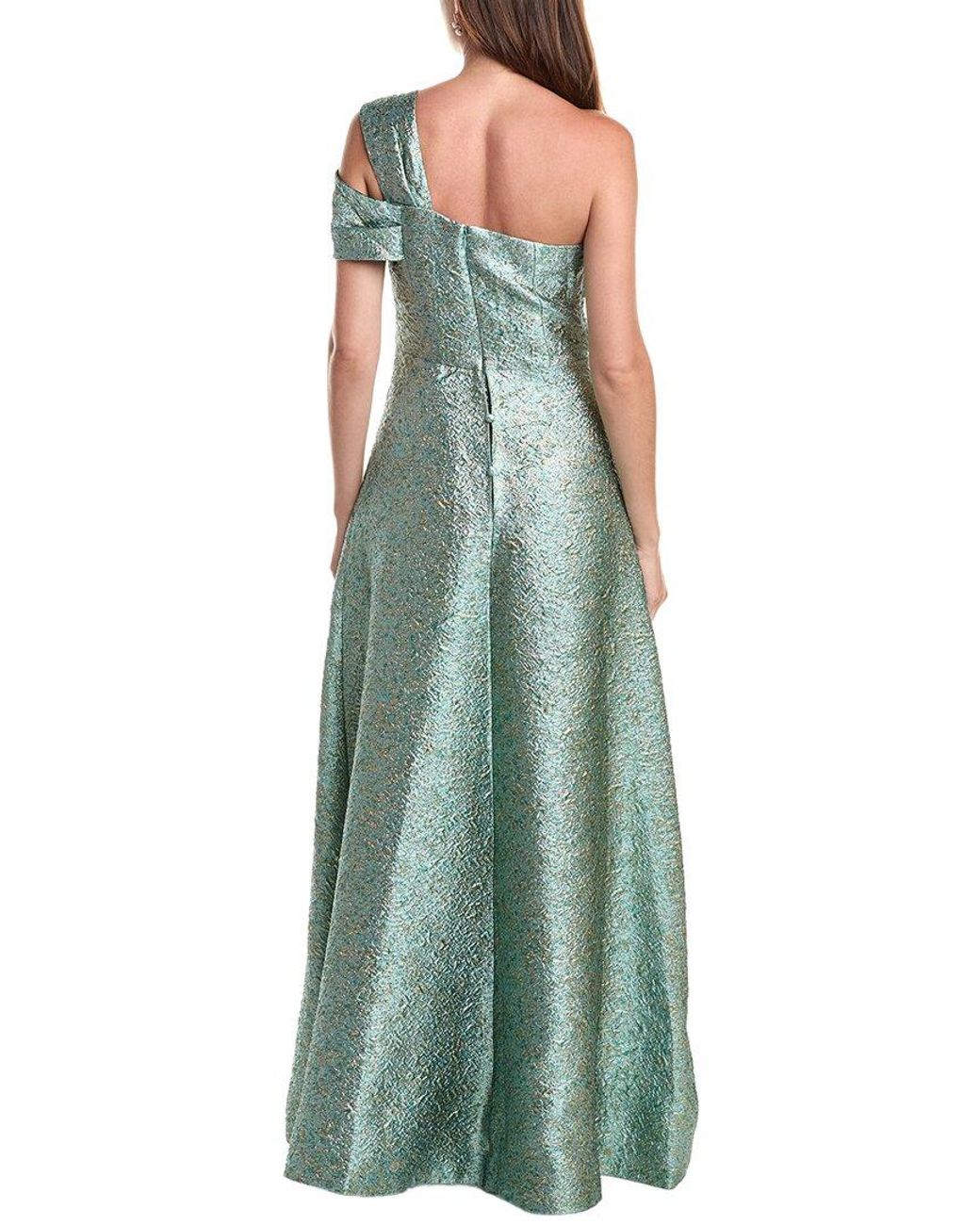 Teri Jon Green Metallic Jacquard Asymmetrical One-Shoulder Gown