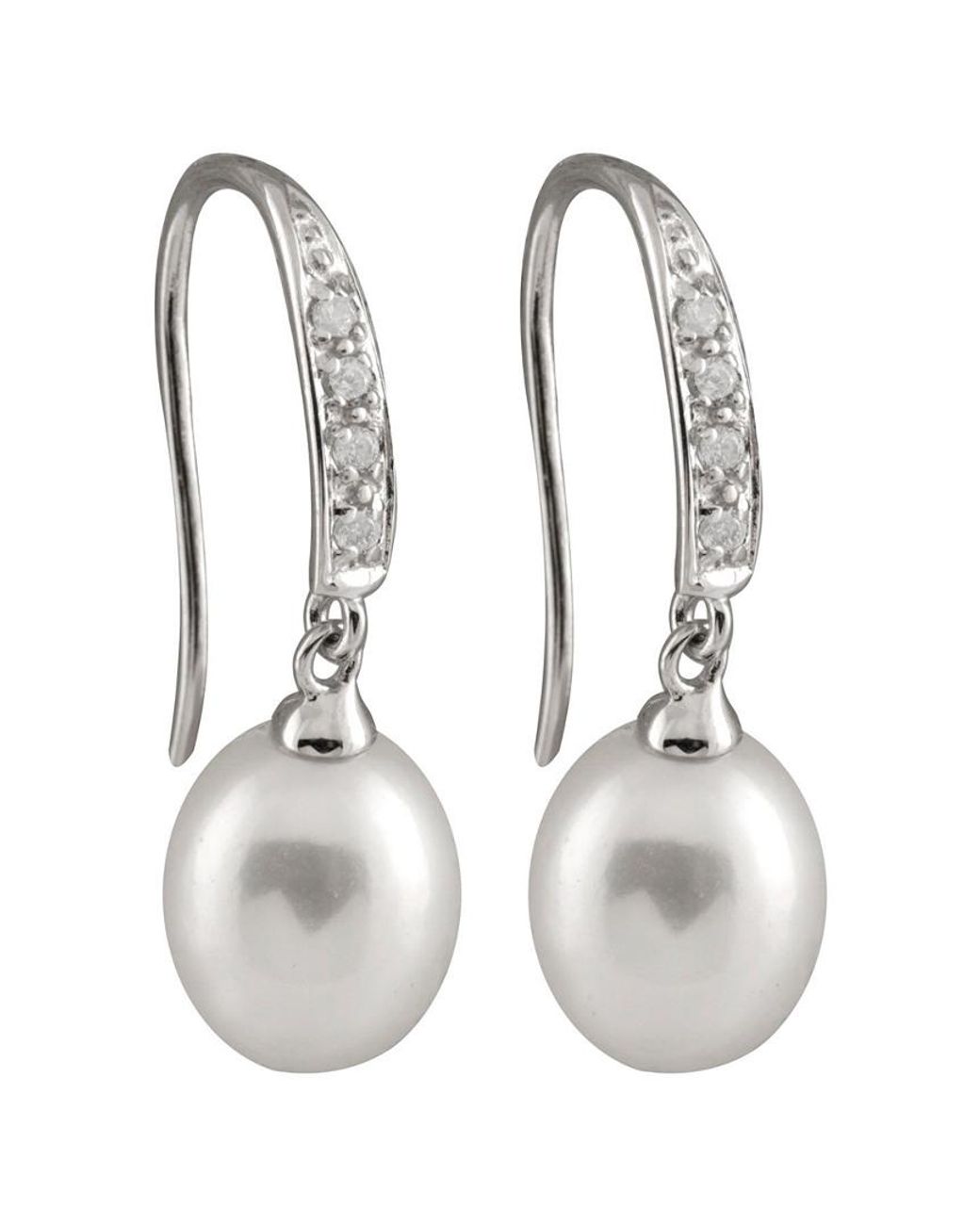 Splendid White Rhodium Plated Silver 9-9.5mm Pearl Drop Earrings