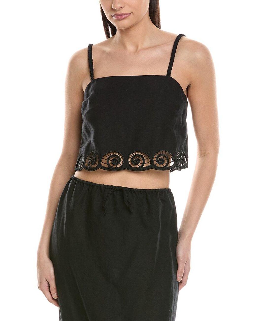 Onia Black Air Linen-Blend Scallop Cropped Top