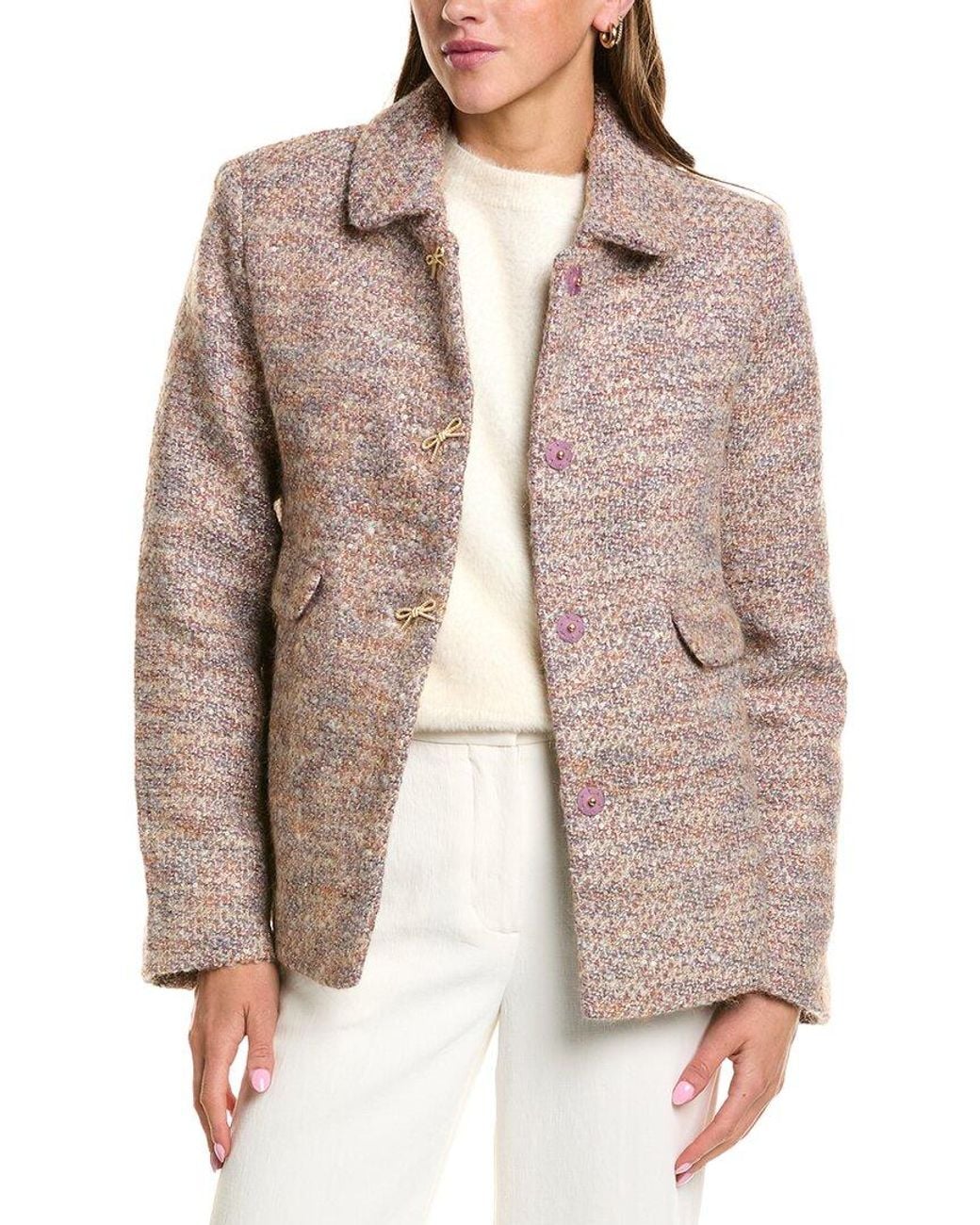 Cece Brown Short Swing Bow Buttons Wool-Blend Jacket