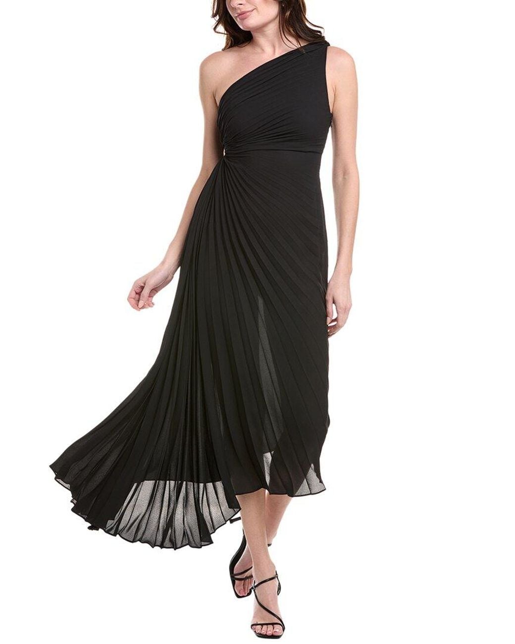Nicole Miller Black Accordion Pleated One-Shoulder Midi Dress