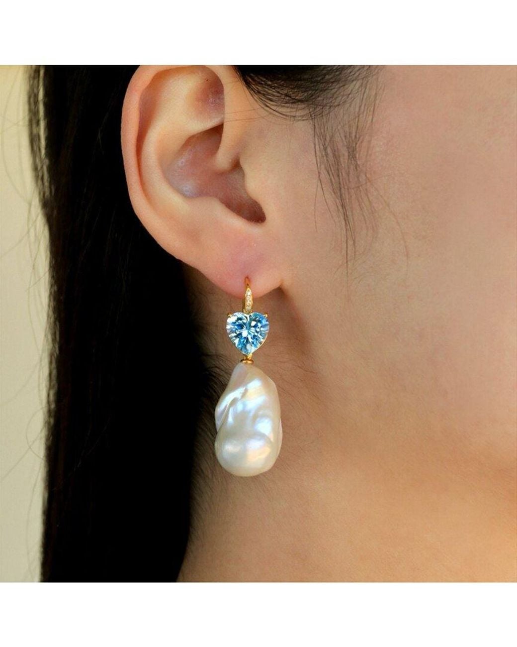 Kai Fine Jewelry Blue 14K 9.85 Ct. Tw. Diamond & Topaz & 16-17Mm Pearl Drop Earrings