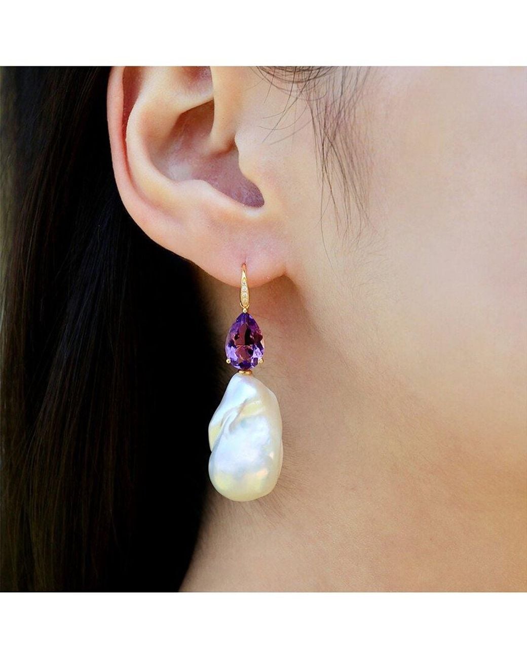 Kai Fine Jewelry Pink 14K 5.45 Ct. Tw. Diamond & Amethyst & 16-17Mm Pearl Drop Earrings
