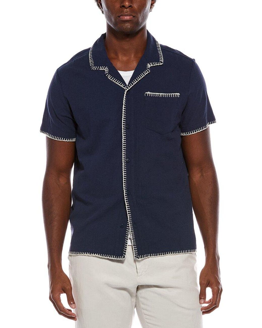 Vintage Summer Blue Textured Embroidered Camp Shirt for men