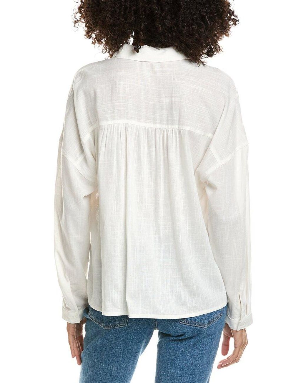 Max Studio White Shirred Yoke Linen-Blend Shirt