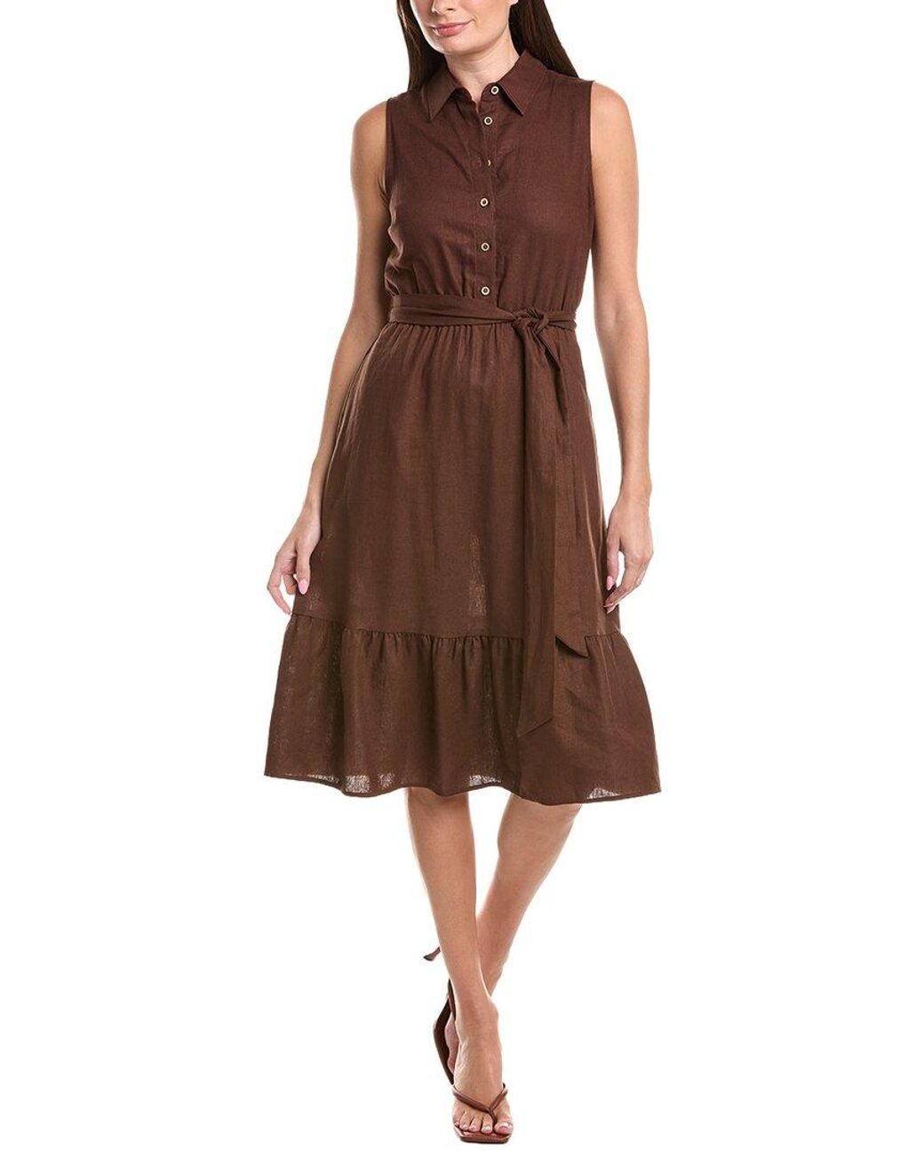 Jones New York Brown Belted Linen-Blend Midi Shirtdress