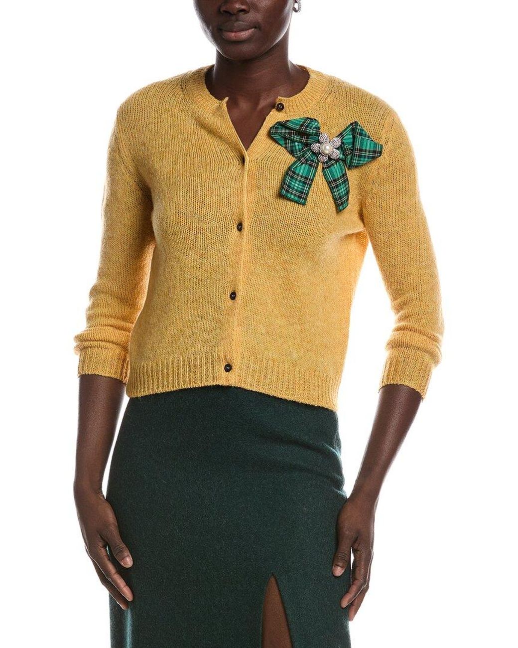 Miu Miu Yellow Bow Detailed Embellished Wool Cardigan