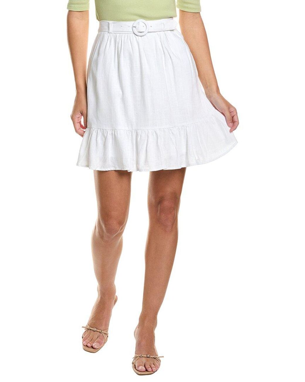 Cece White Belted Tiered Ruffle Linen-Blend Mini Skirt