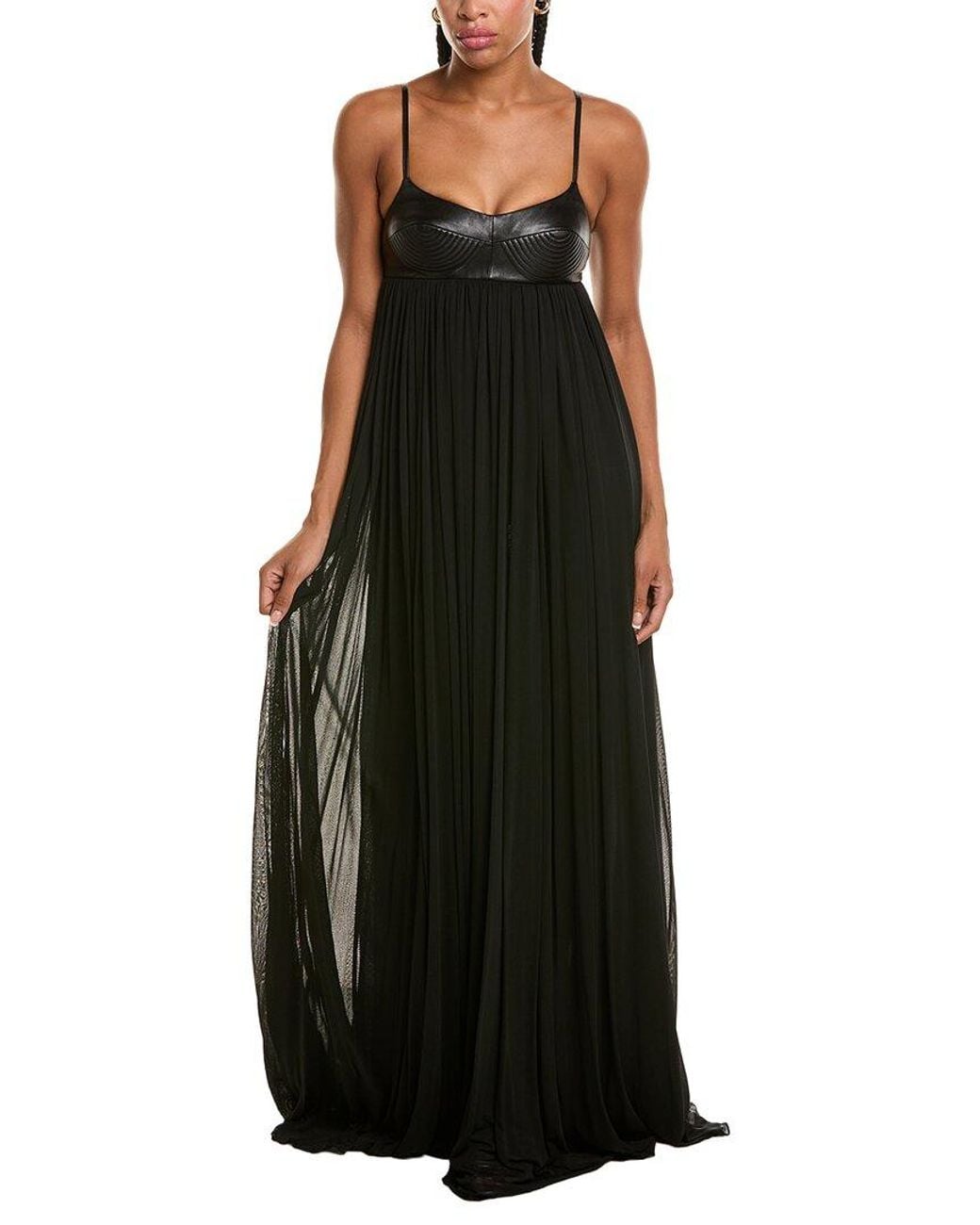 Michael Kors Black Trapunto Leather-Trim Silk-Blend Gown