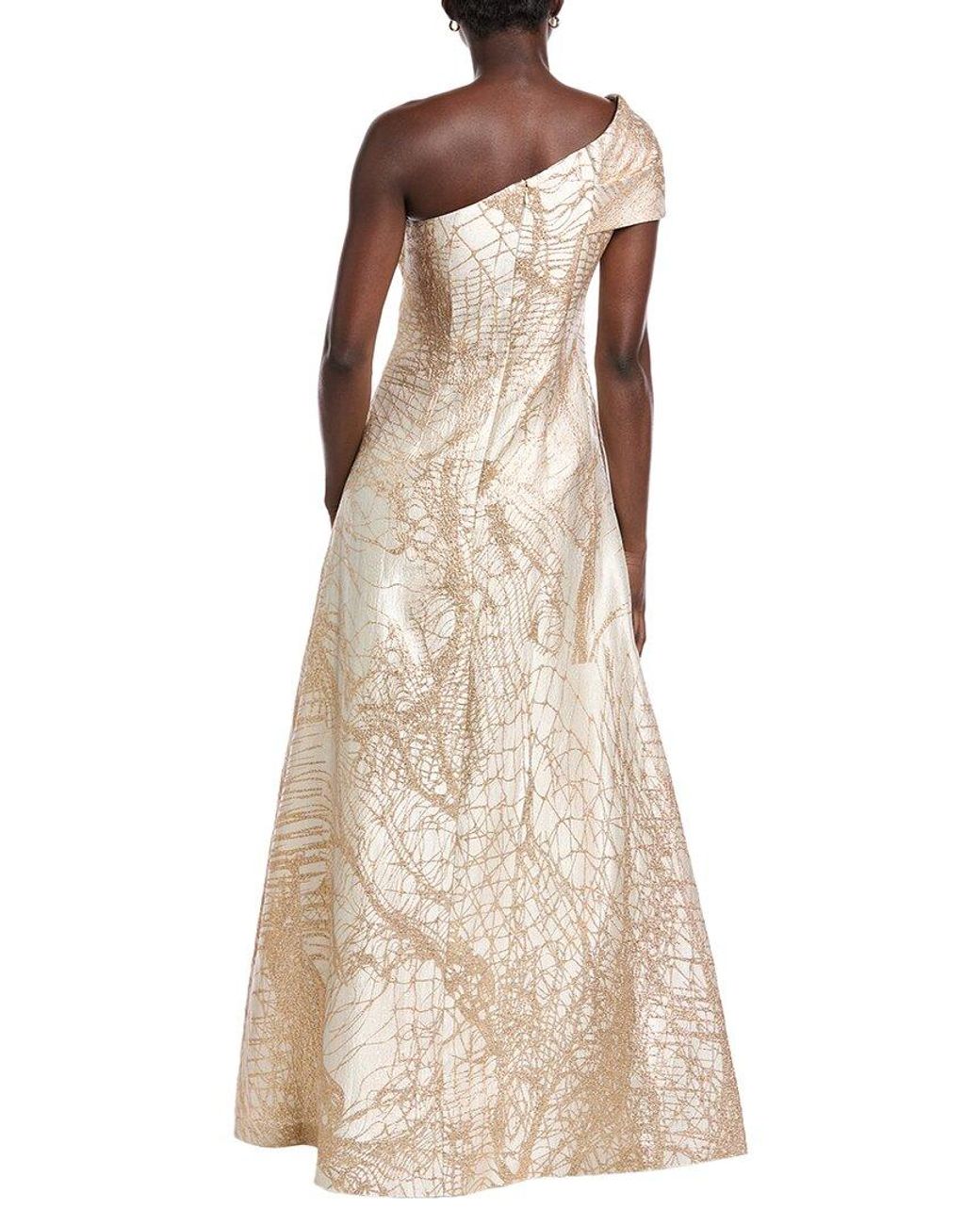 Teri Jon Natural One-Shoulder Jacquard Gown