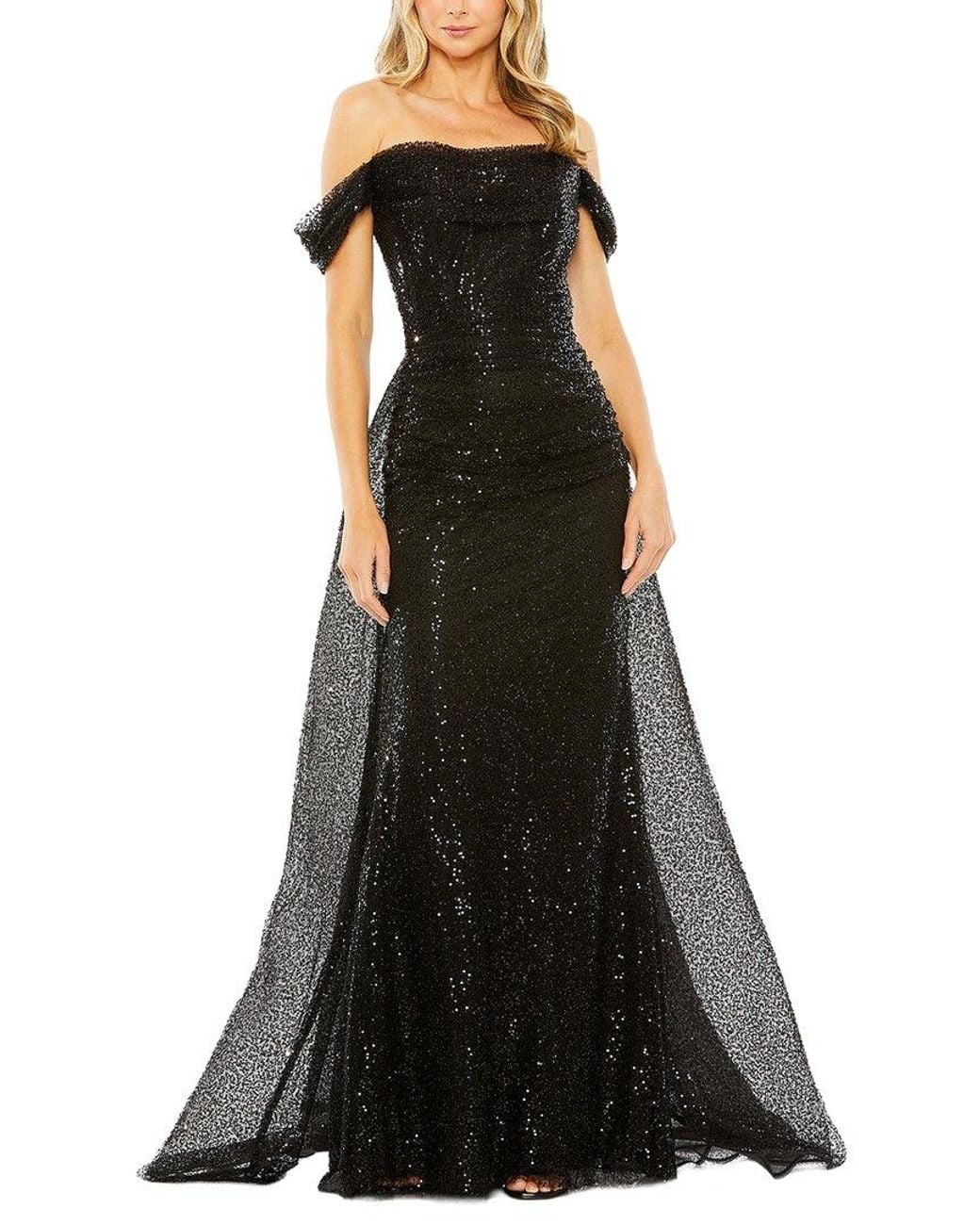 Mac Duggal Black Off The Shoulder Sequin Panel Train Dress