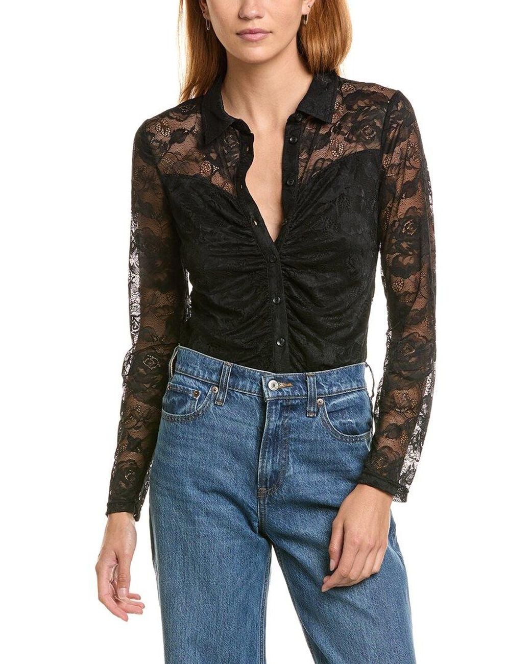 Ellen Tracy Black Lace Button Down Top