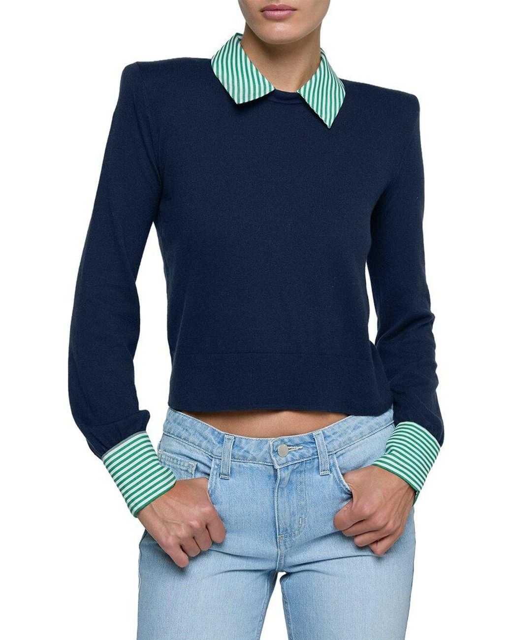 L'Agence Blue April Poplin Collar Silk-Blend Pullover