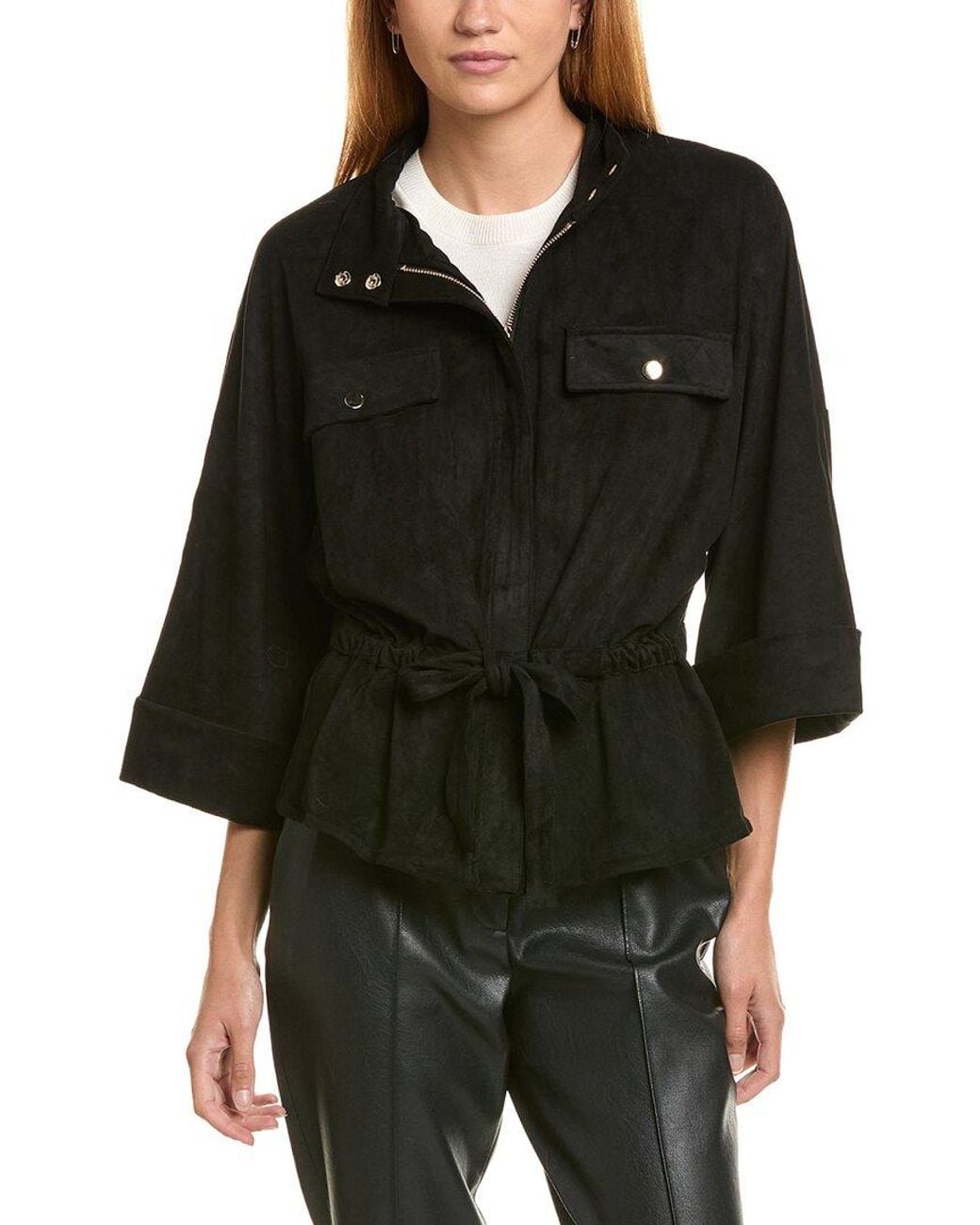 Ellen Tracy Black Vegan Suede Waist Tie Jacket