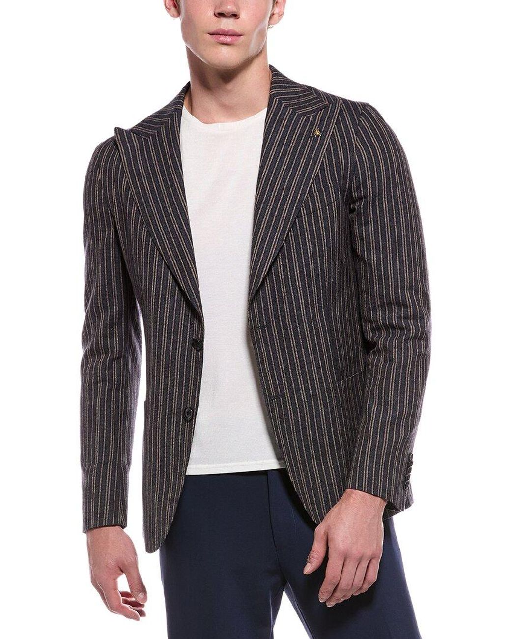 Corneliani Gray Cc Collection Unbalanced Striped Wool, Silk, & Linen-Blend Jacket for men