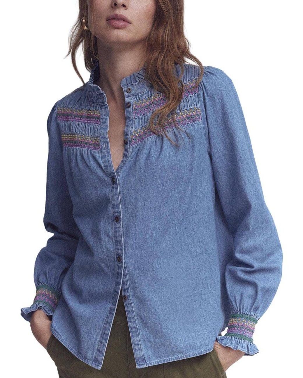 Boden Blue Esme Smocked Denim Frill Top