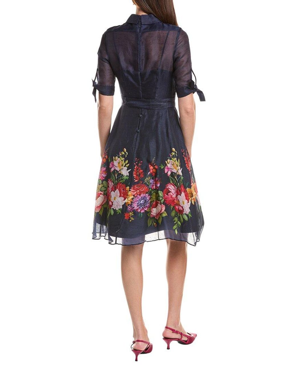 Teri Jon Blue Silk & Linen-Blend Shirtdress