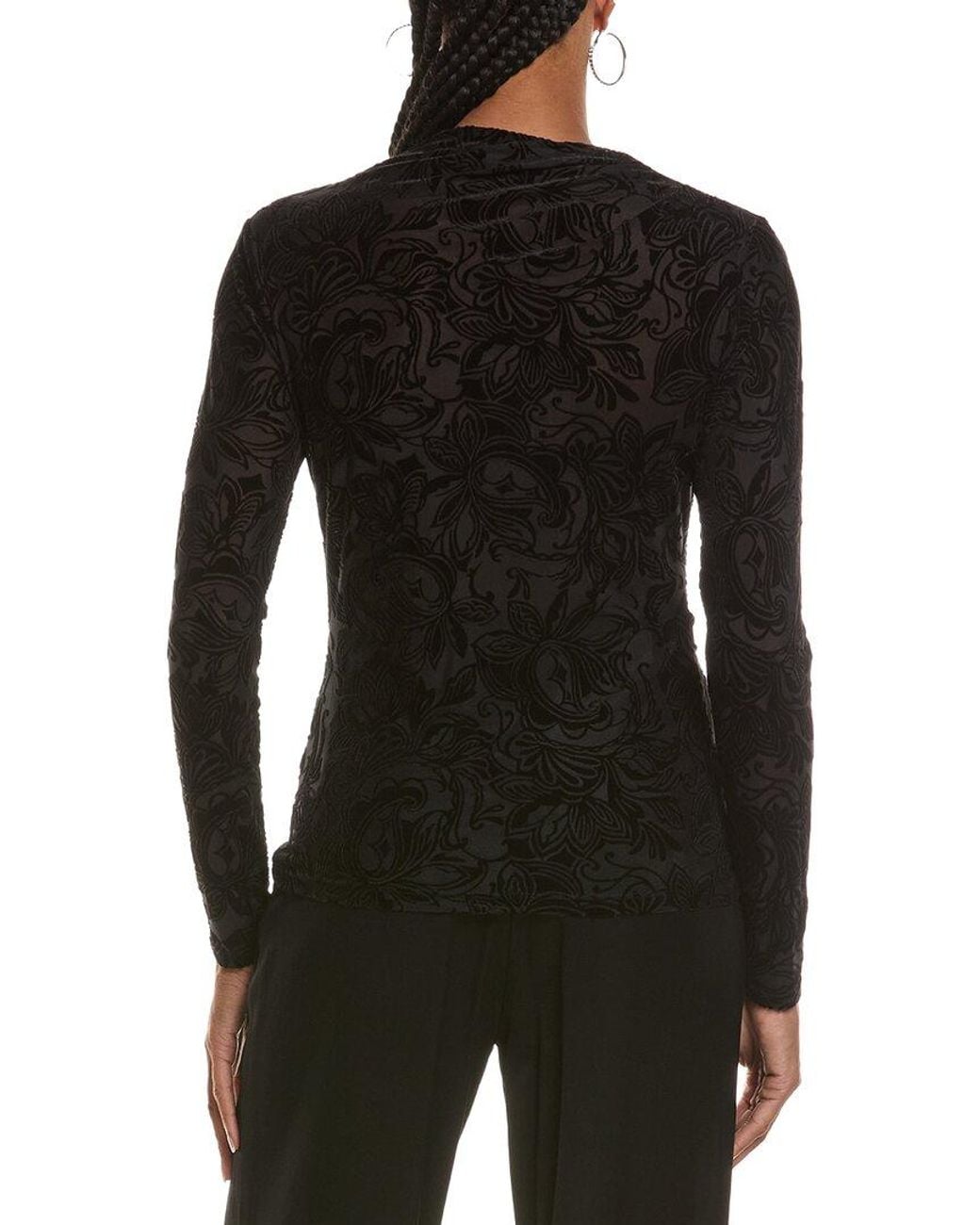 Halston Heritage Black Velvet Paisley Long Sleeve Boat Neck Top