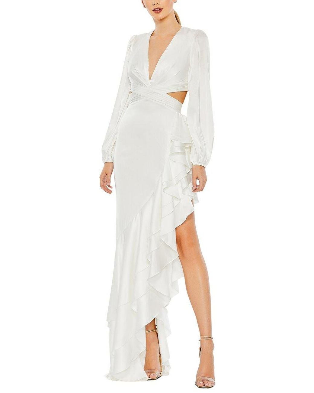 Mac Duggal White Asymmetrical Ruffle Gown