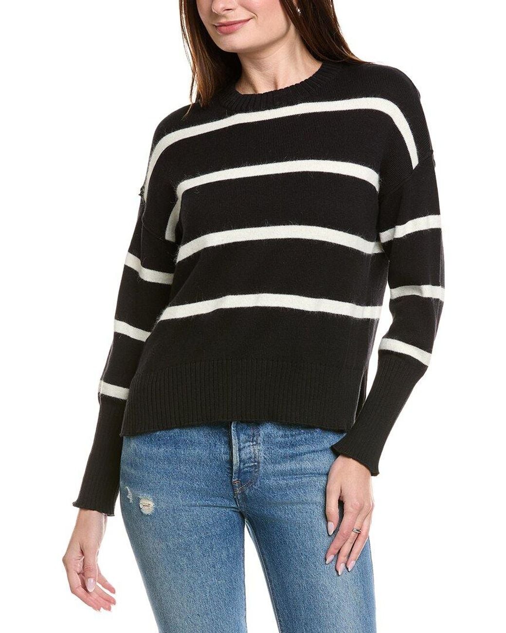 Hannah Rose Black Drop Shoulder Stripe Crewneck Cashmere-Blend Sweater