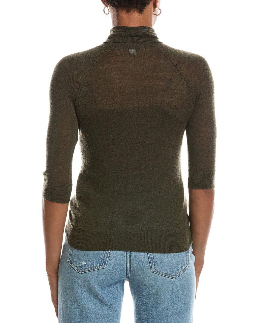 Autumn Cashmere Green Fitted Sheer Elbow Sleeve Turtleneck 100% Cashmere Sweater