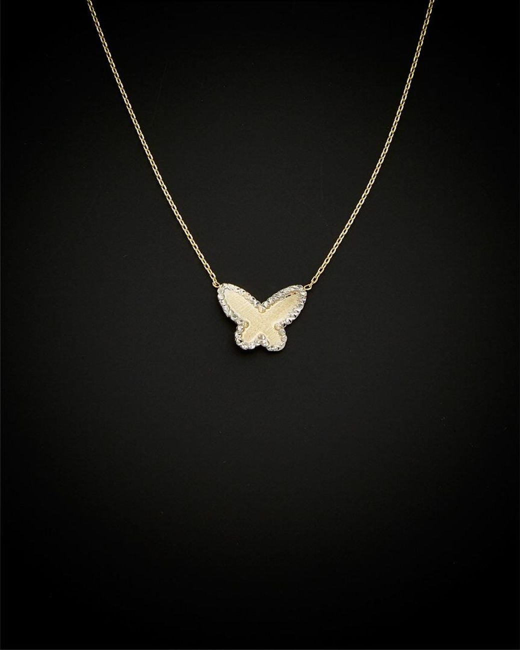 Italian Gold Black 14k Two-tone Rimmed Satin Butterfly Necklace