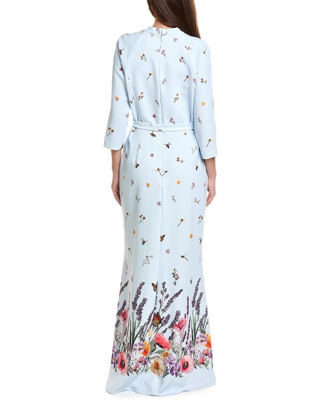 Teri Jon Blue Crepe Border Print Gown
