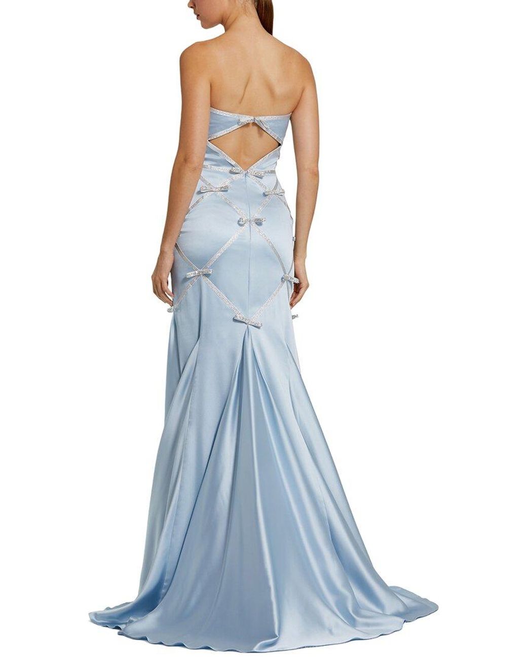 Mac Duggal Blue Strapless Satin Mermaid Gown With Bow Details