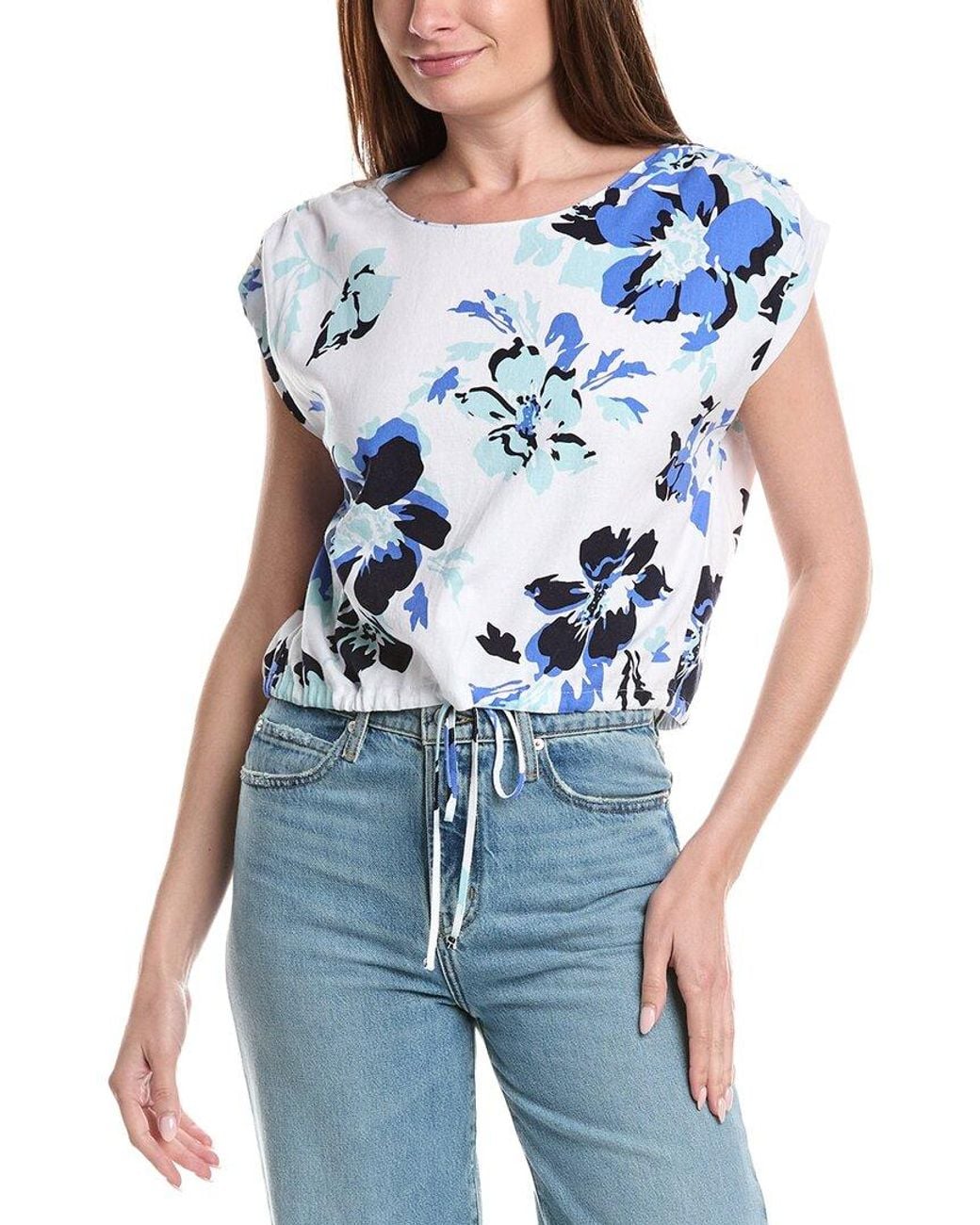 Ellen Tracy Blue Drop Shoulder Linen-Blend Top