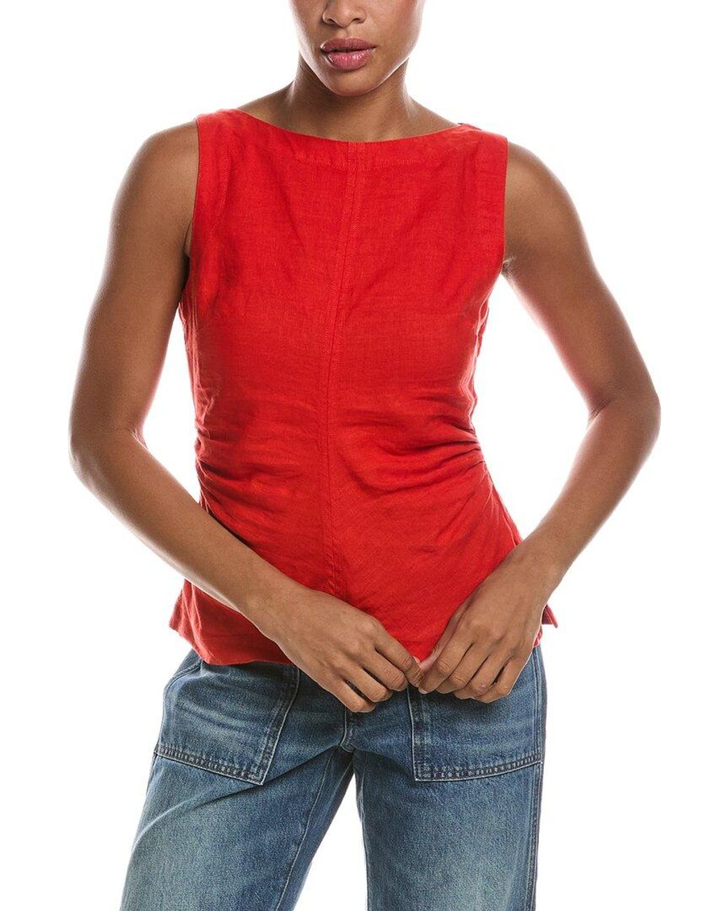 Madewell Red Cinched Boatneck Sleeveless Linen Top