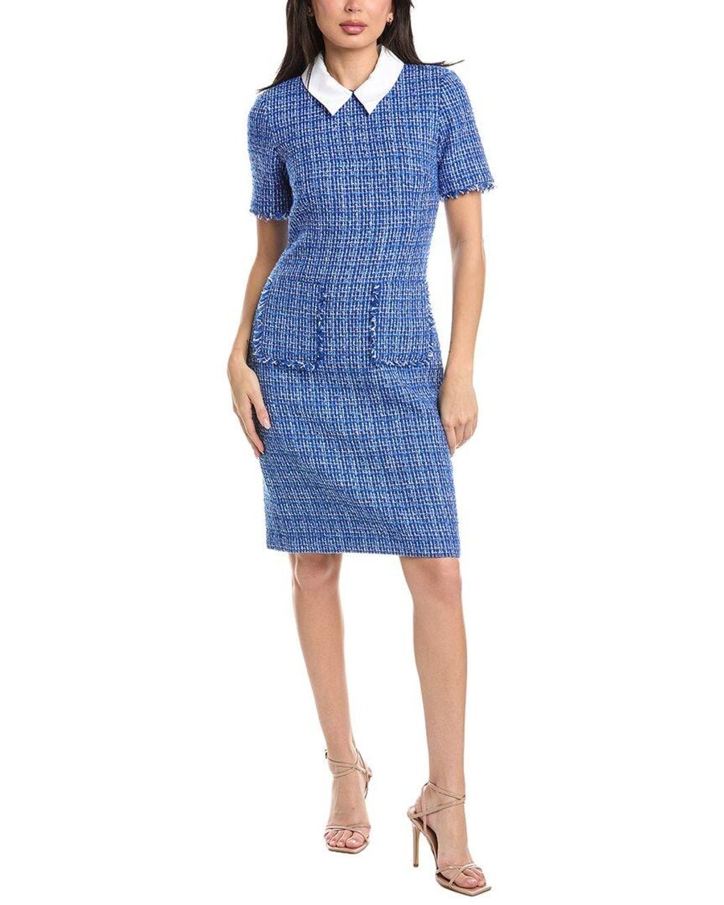 St. John Blue Tweed Collared Dress
