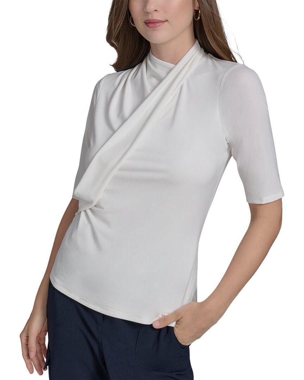 Halston Heritage Gray Drape Front Jersey Top