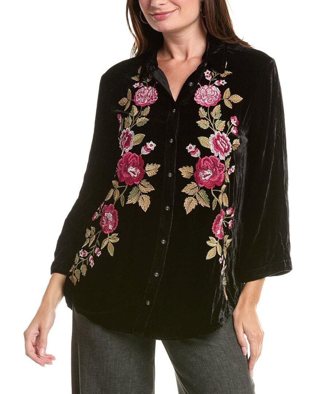 Johnny Was Black Kimono Sleeve Silk-Blend Shirt