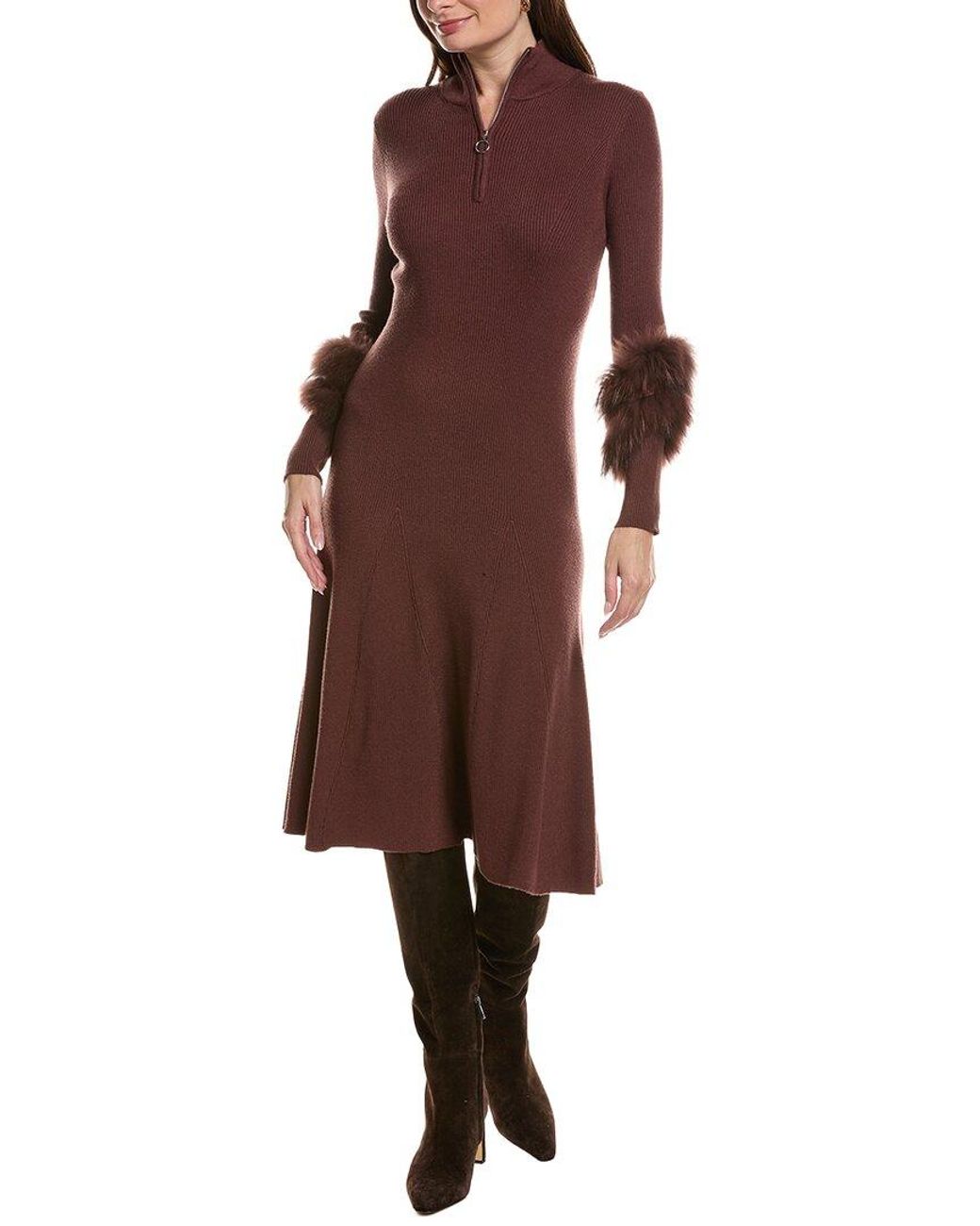 tyler boe Brown Celia Knit Fur Trim Dress