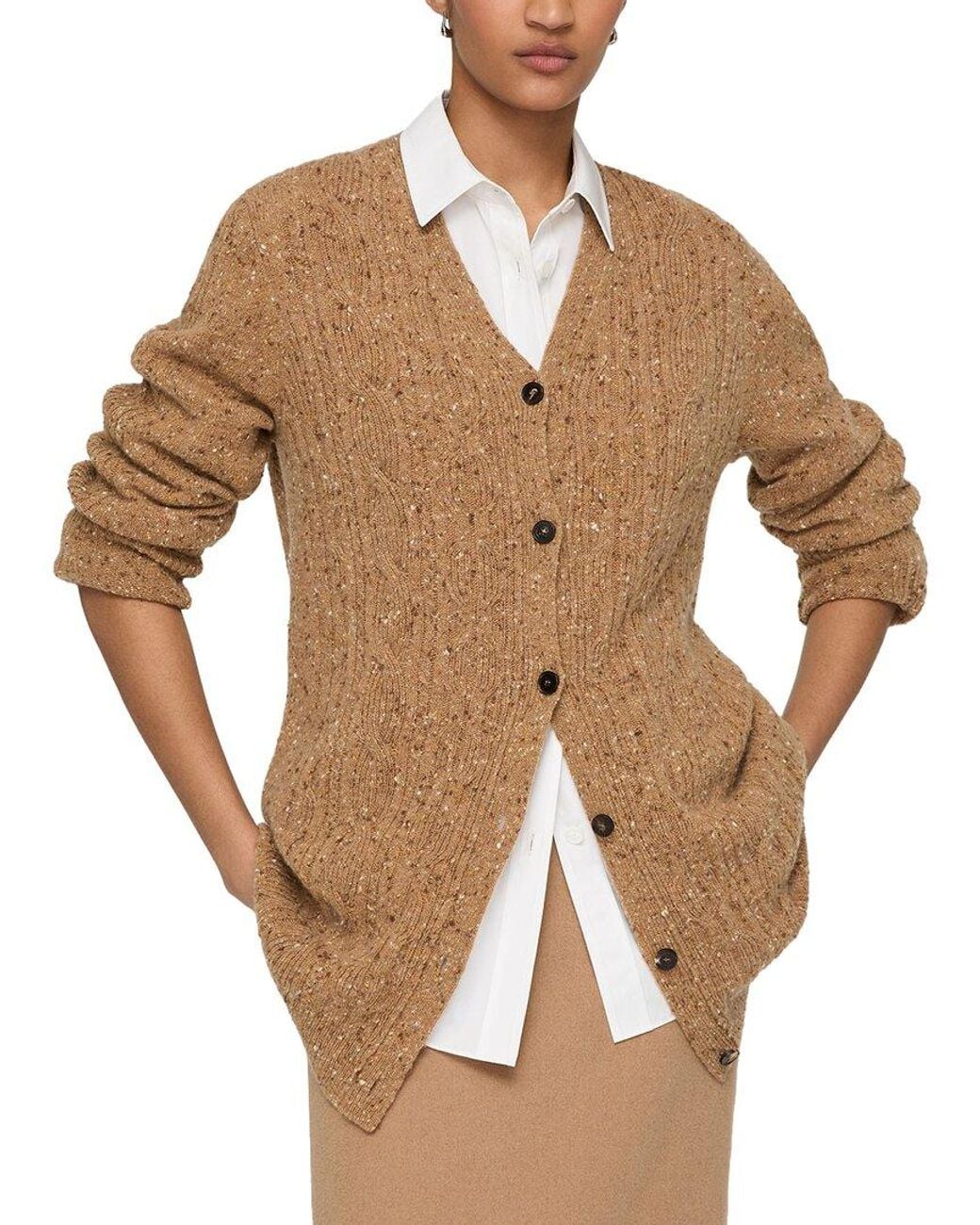 Lafayette 148 New York Natural Cable Donegal Button Front 100% Cashmere Cardigan